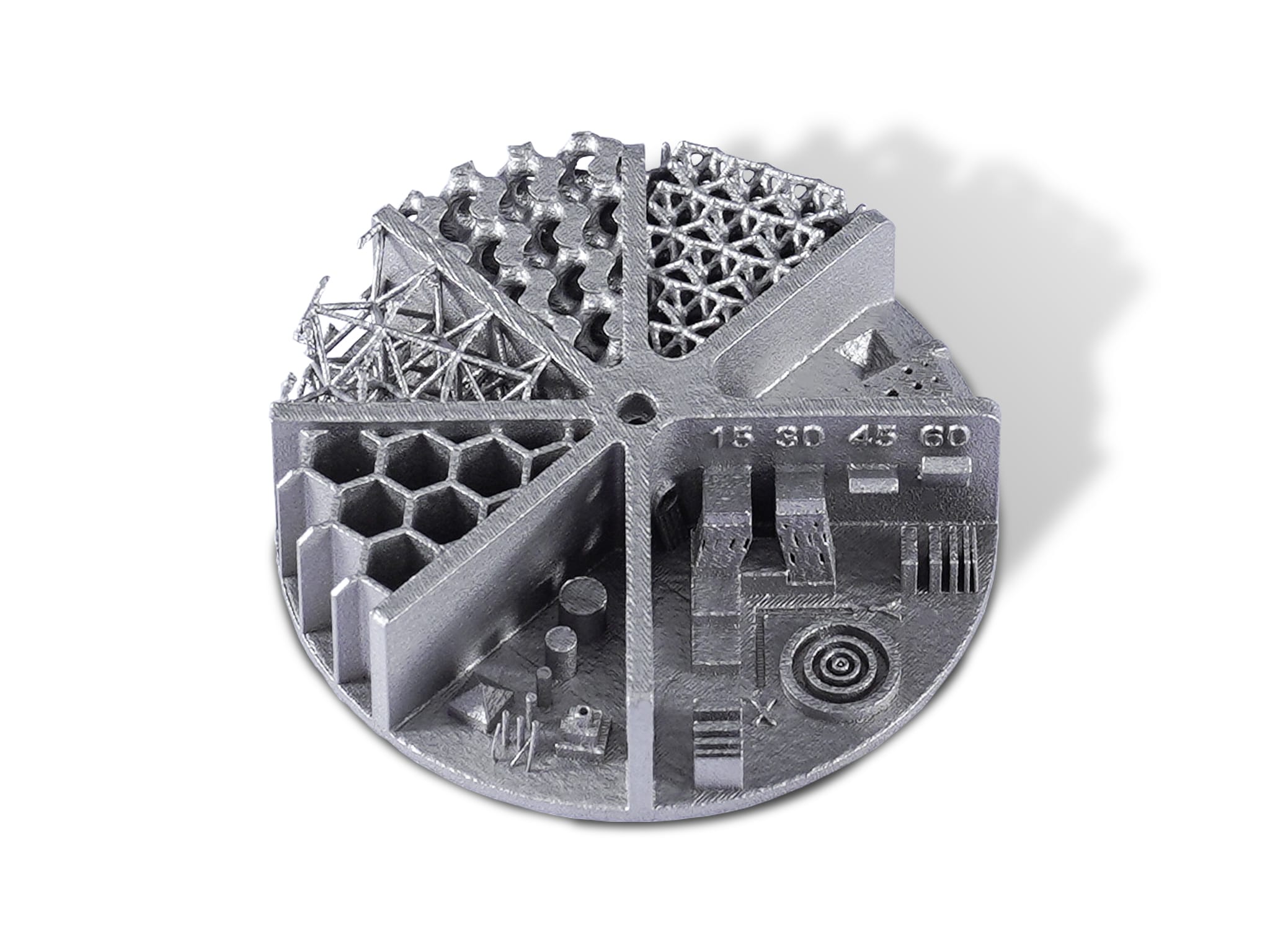 A complex test artifact showcasing various geometries and lattice structures produced using metal 3D printing Bangalore technology.