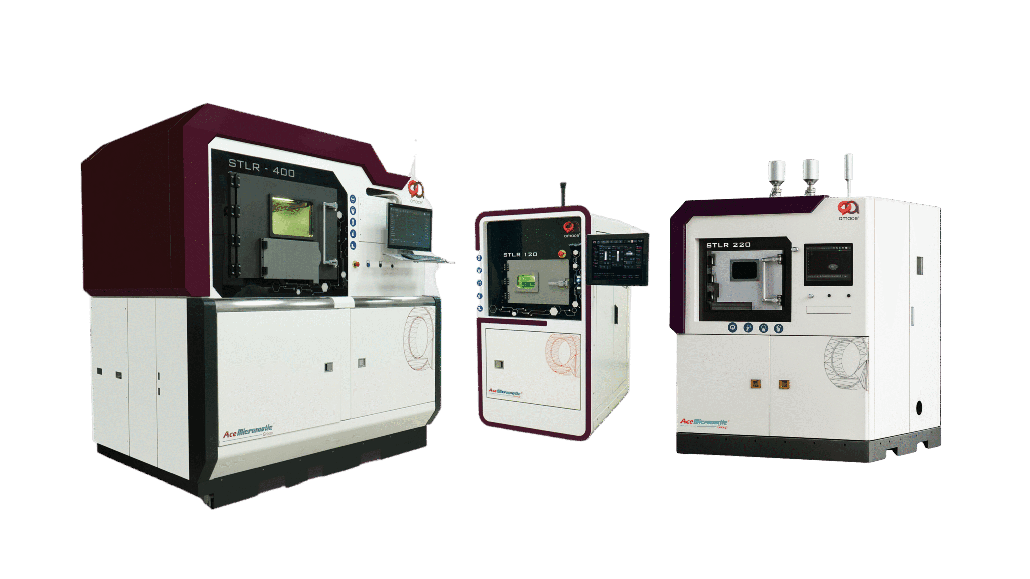 Three advanced metal 3D printing machines from AMACE Solutions’ STLR series, showcasing industrial additive manufacturing systems designed for precision and productivity.
