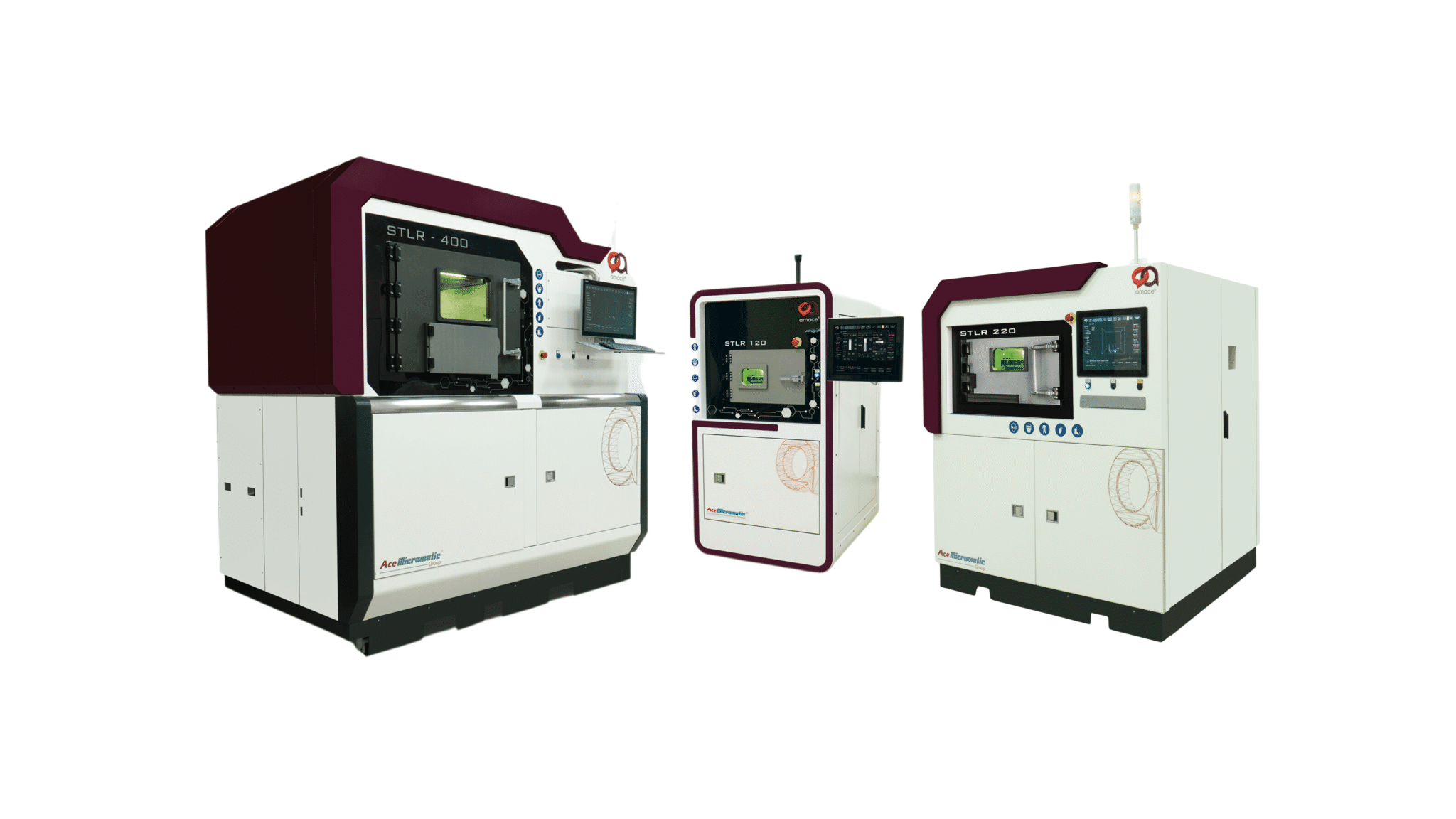 Three advanced metal 3D printing machines from AMACE Solutions’ STLR series, showcasing industrial additive manufacturing systems designed for precision and productivity.