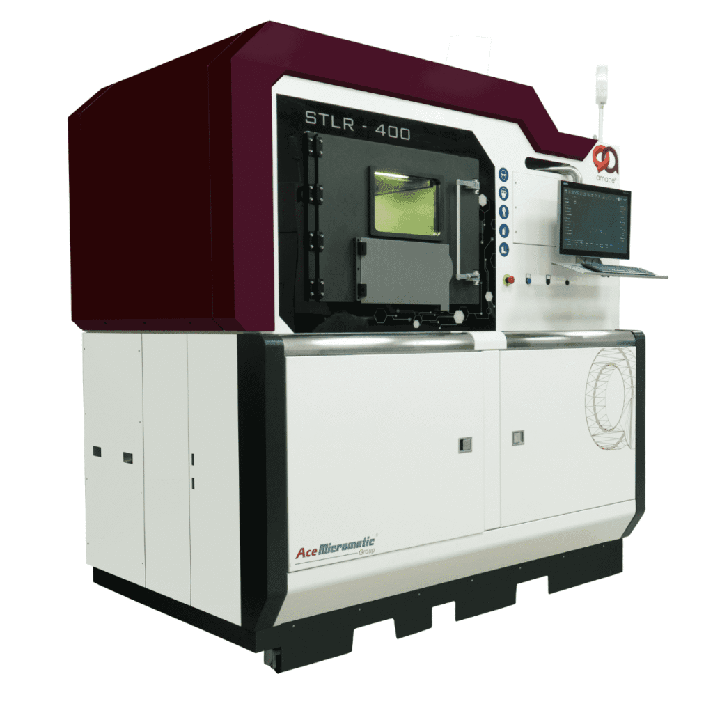 STLR 400 industrial 3D metal printer with large build volume, dual-laser system, and automated powder handling for aerospace, automotive, and engineering applications.
