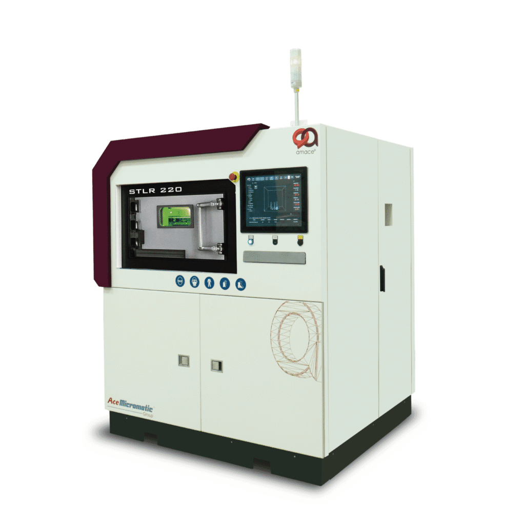 AMACE STLR 220 metal 3D printer with touchscreen interface, dual powder hoppers, and advanced additive manufacturing system, developed by Ace Micromatic Group.