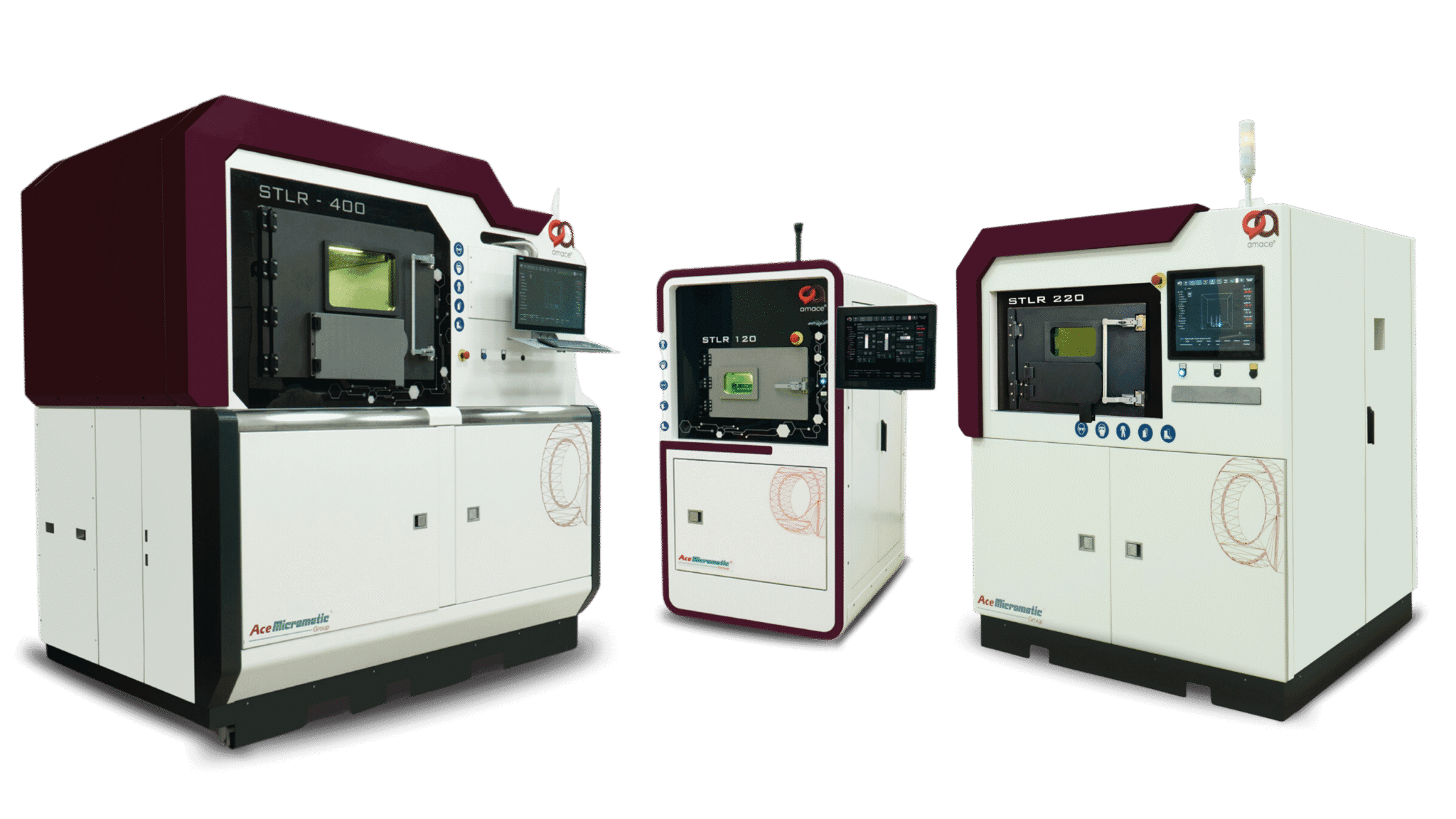 Three advanced metal 3D printers machines from AMACE Solutions’ STLR series, showcasing industrial additive manufacturing systems designed for precision and productivity.