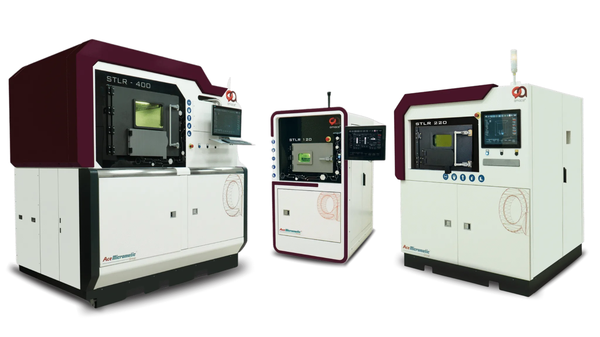 Three advanced metal 3D printers machines from AMACE Solutions’ STLR series, showcasing industrial additive manufacturing systems designed for precision and productivity.