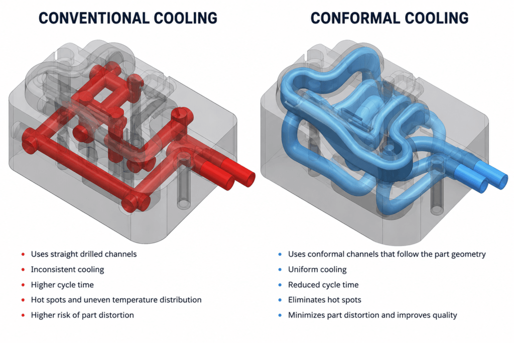 3D model comparing conventional straight cooling channels with conformal cooling channels inside an injection mold.