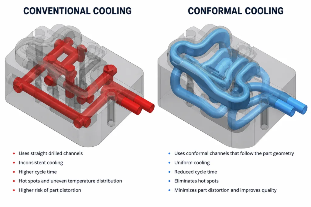 3D model comparing conventional straight cooling channels with conformal cooling channels inside an injection mold.