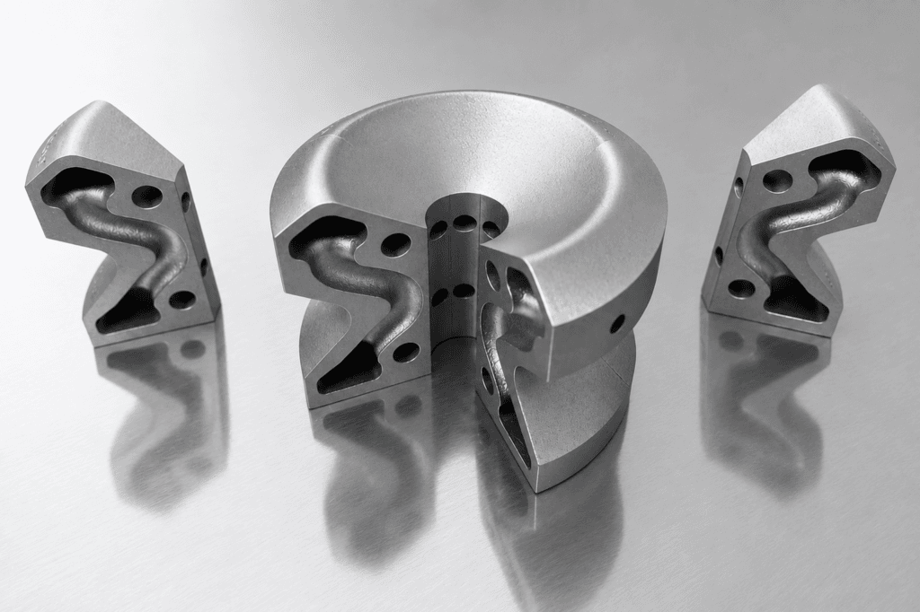 High-precision H13 Tool steel metal additive manufactured components with internal conformal cooling channels displayed on a reflective surface.