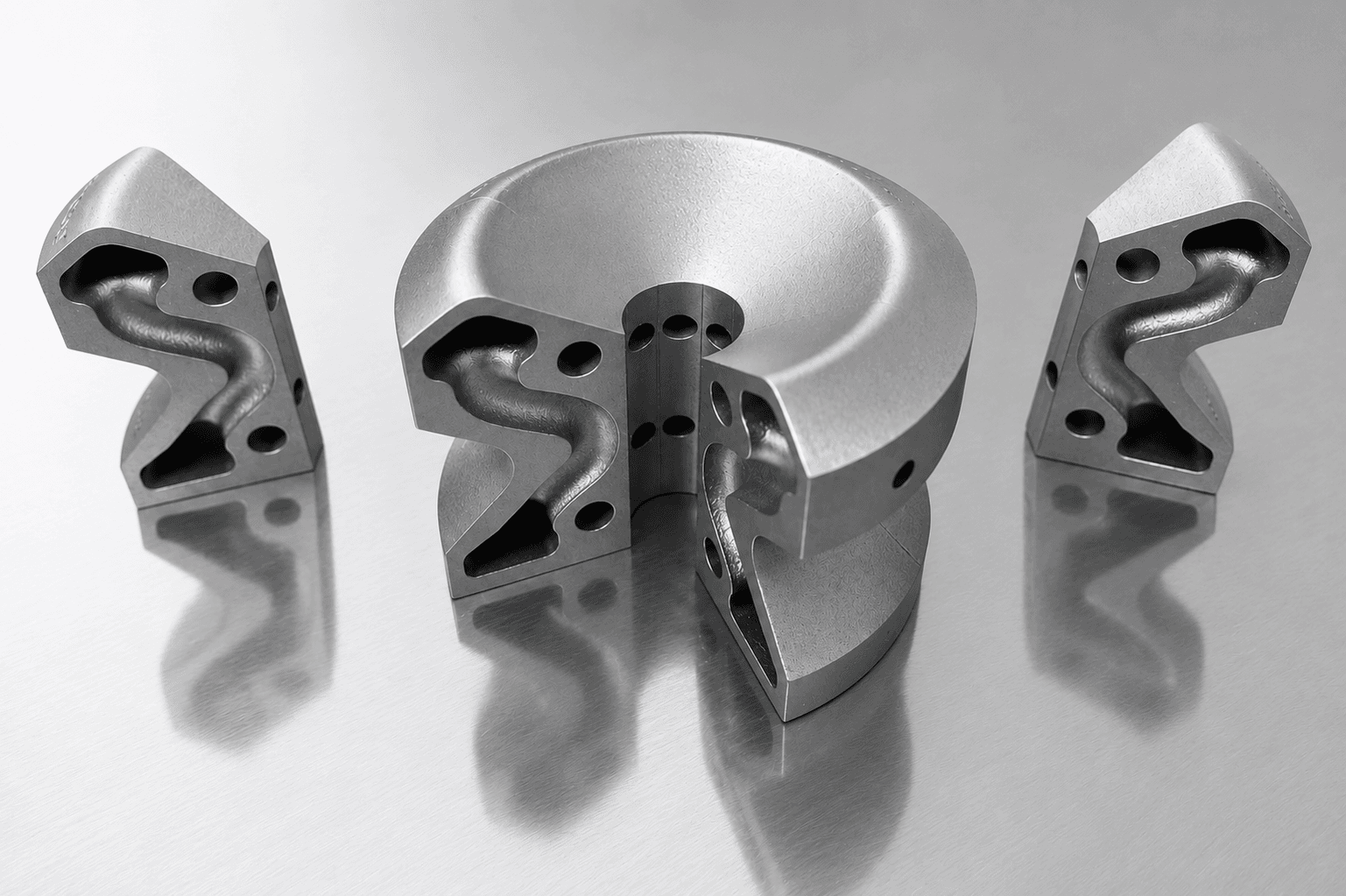High-precision H13 Tool steel metal additive manufactured components with internal conformal cooling channels displayed on a reflective surface.