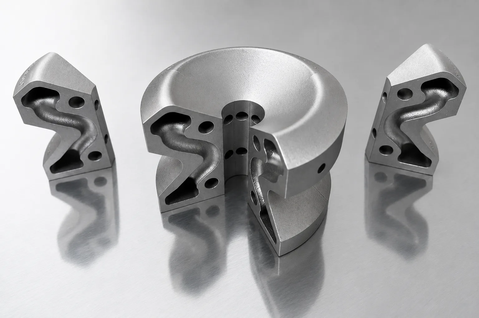 High-precision H13 Tool steel metal additive manufactured components with internal conformal cooling channels displayed on a reflective surface.