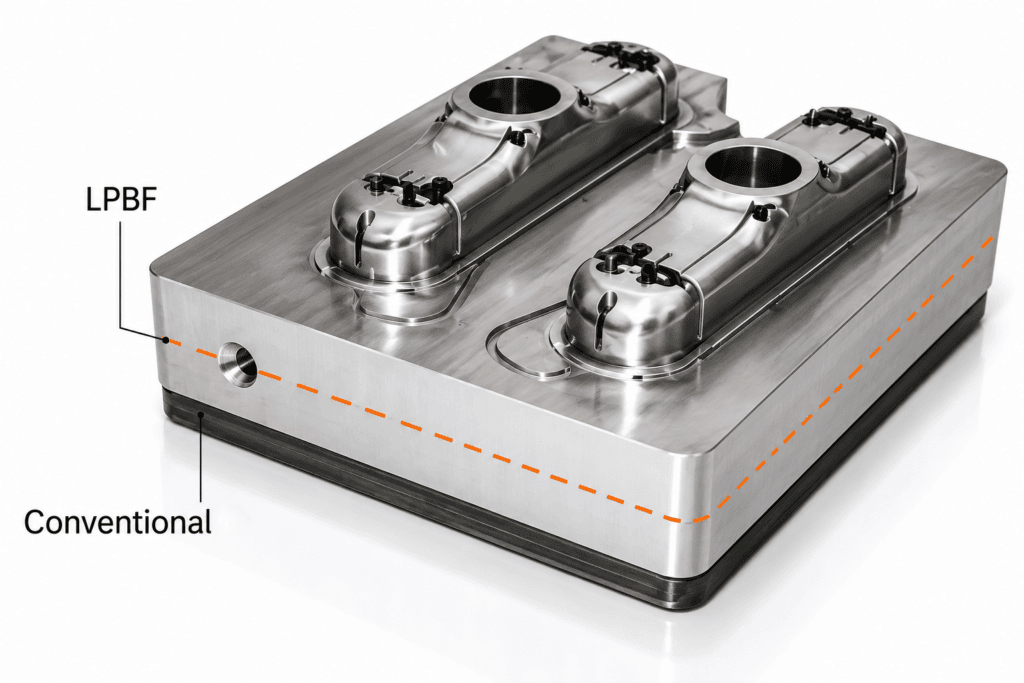 Hybrid injection H13 Tool Steel mold combining LPBF-manufactured conformal cooling inserts with a conventionally machined mold base.