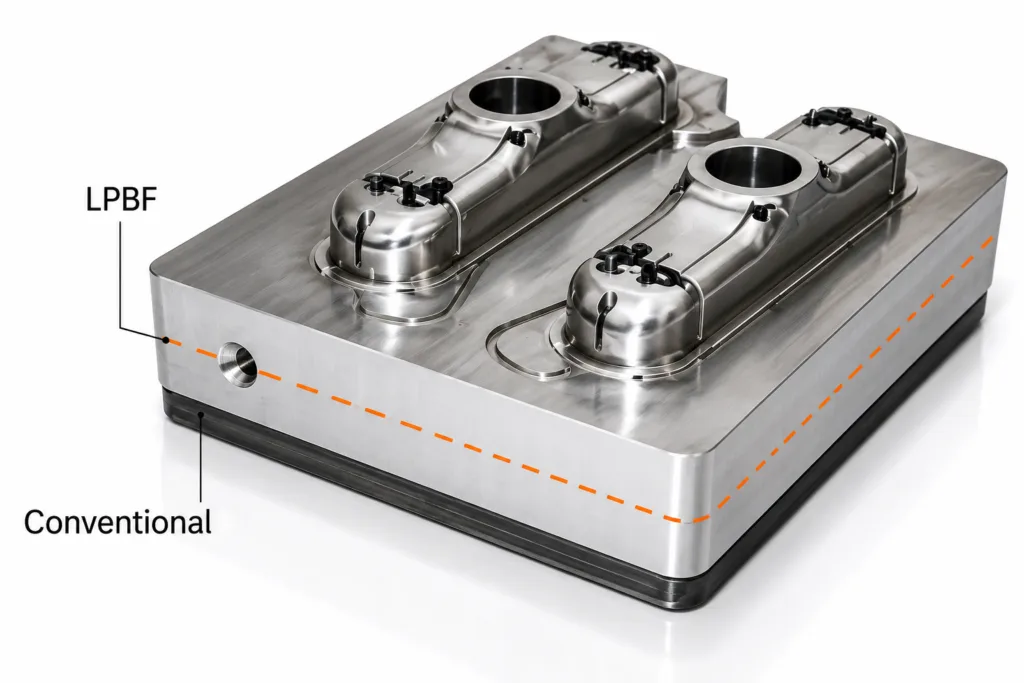 Hybrid injection H13 Tool Steel mold combining LPBF-manufactured conformal cooling inserts with a conventionally machined mold base.